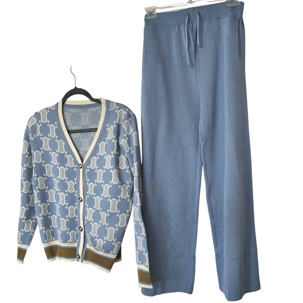 Blue Monogram Knit Cardigan & Wide Leg Pant Set Quiet Luxury Lounge Set NWOT S–M